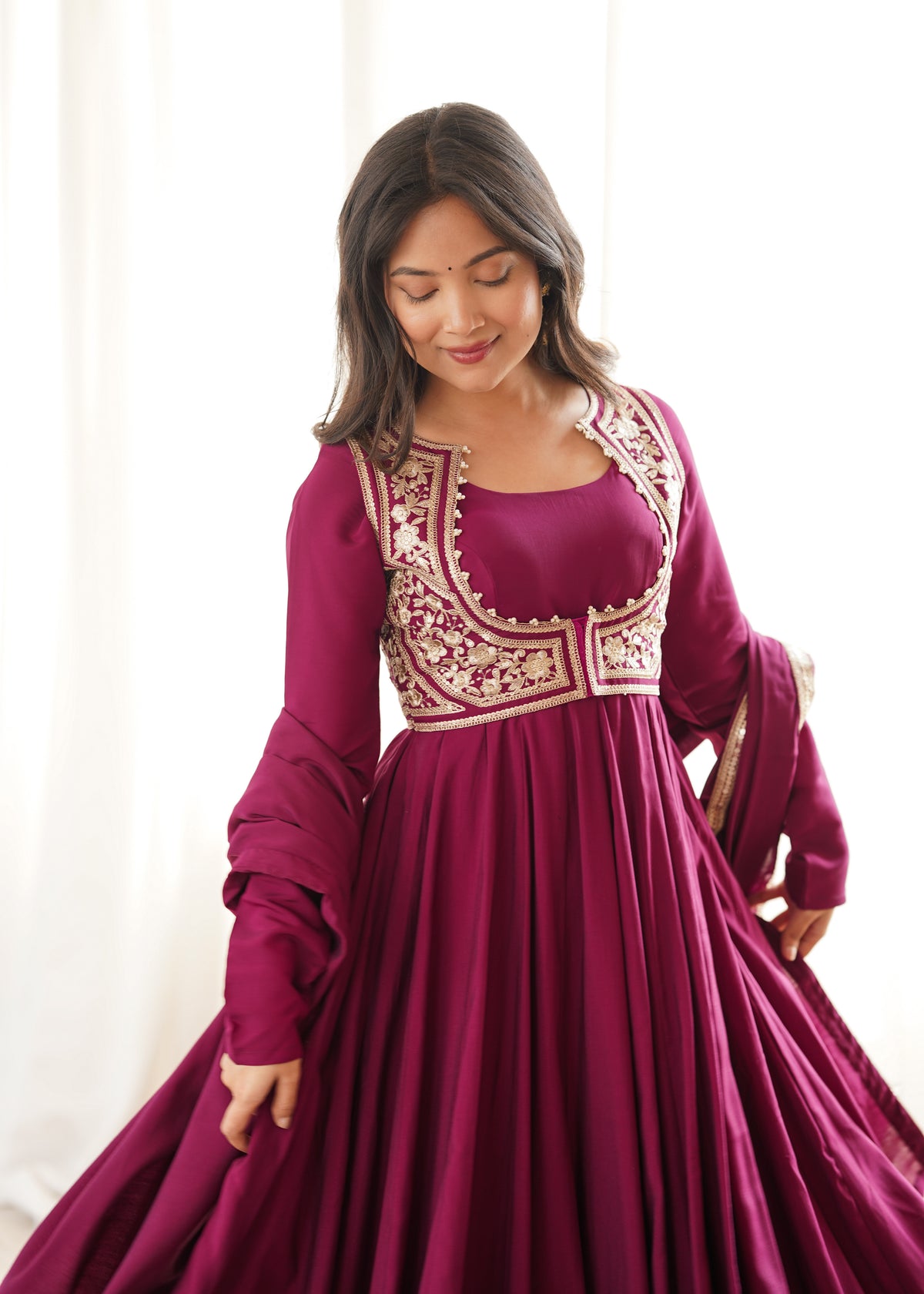 Rani Pink Roman Silk Chanderi Anarkali Gown with Embroidered Jacket & Dupatta