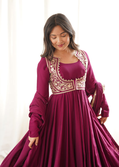 Rani Pink Roman Silk Chanderi Anarkali Gown with Embroidered Jacket & Dupatta