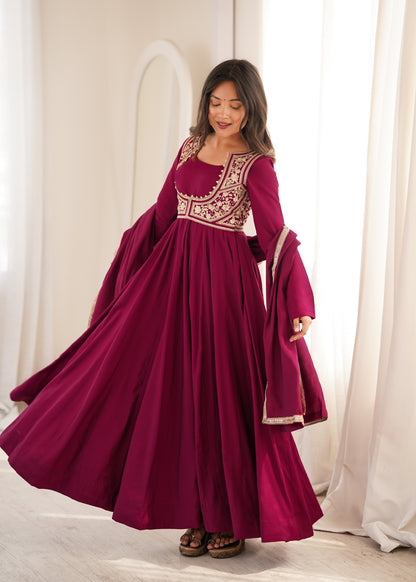 Rani Pink Roman Silk Chanderi Anarkali Gown with Embroidered Jacket & Dupatta