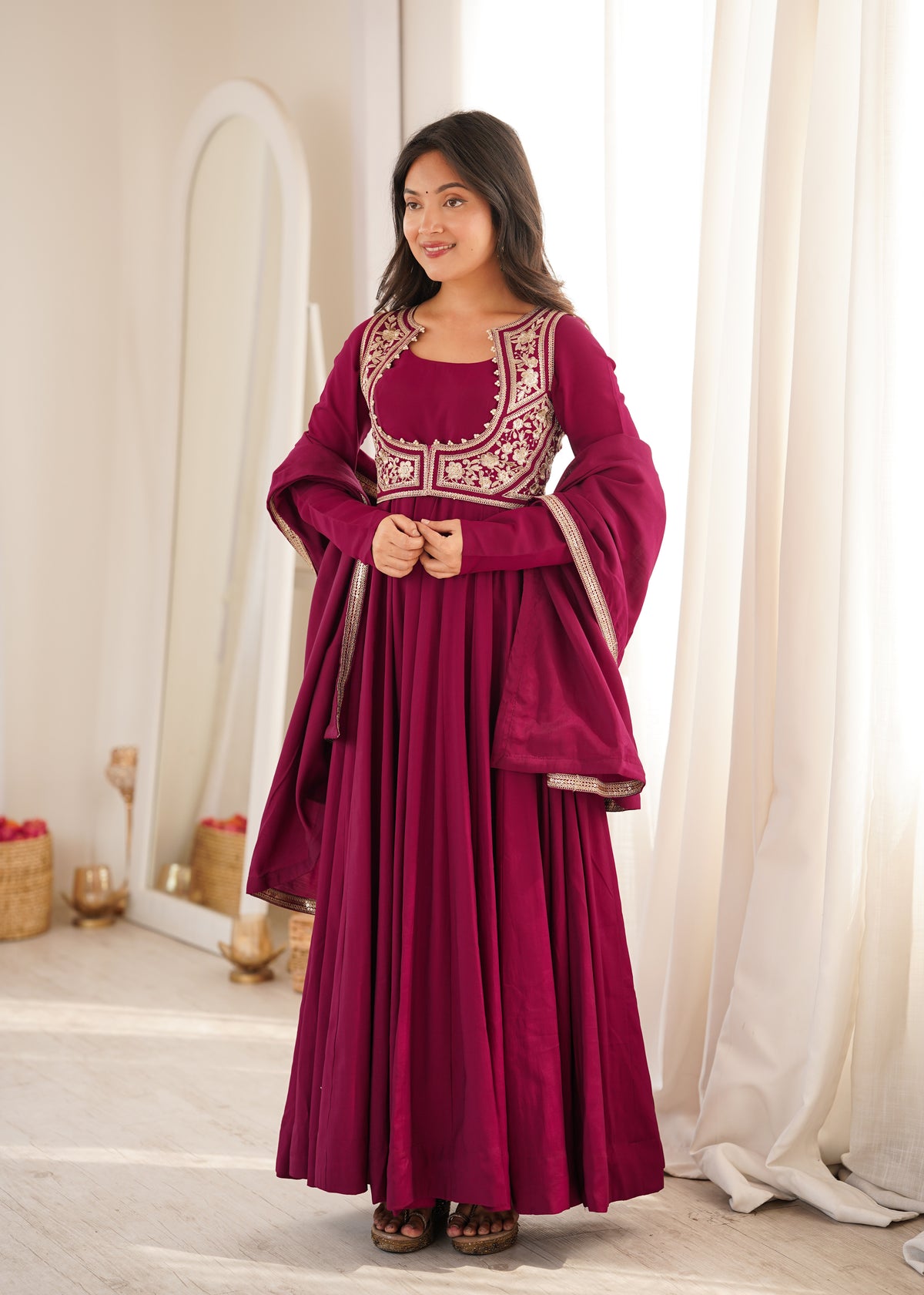 Rani Pink Roman Silk Chanderi Anarkali Gown with Embroidered Jacket & Dupatta