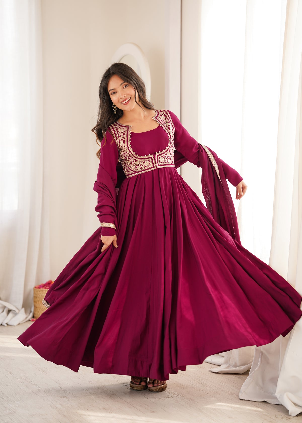 Rani Pink Roman Silk Chanderi Anarkali Gown with Embroidered Jacket & Dupatta