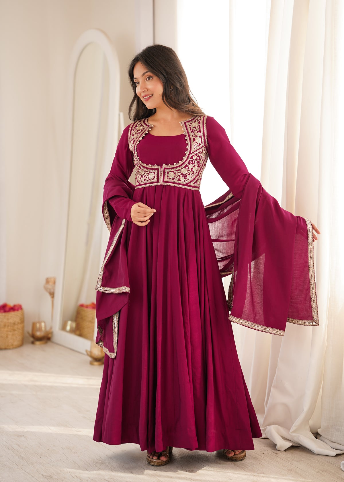 Rani Pink Roman Silk Chanderi Anarkali Gown with Embroidered Jacket & Dupatta