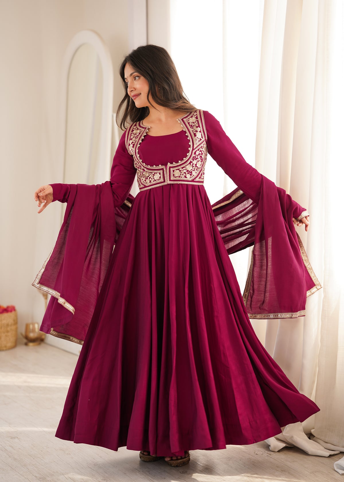 Rani Pink Roman Silk Chanderi Anarkali Gown with Embroidered Jacket & Dupatta
