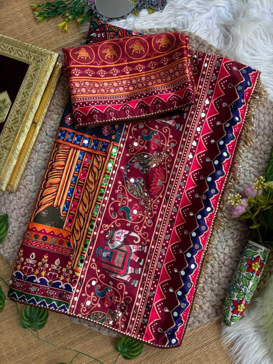 Maroon Multicolor Traditional Printed Saree with Hand Mirror Work Tassel Pallu & Gota Border