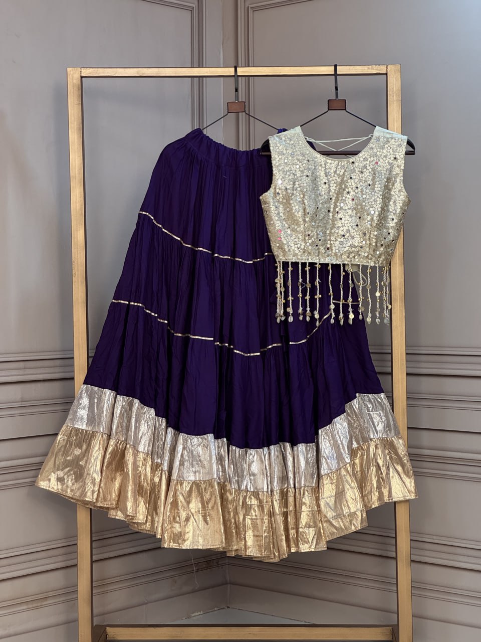 Rayon 12 Meter Layered Lehenga with Gold Organza Mirror Work Blouse
