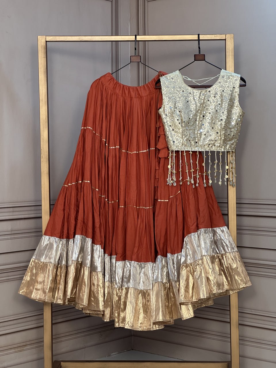 Rayon 12 Meter Layered Lehenga with Gold Organza Mirror Work Blouse