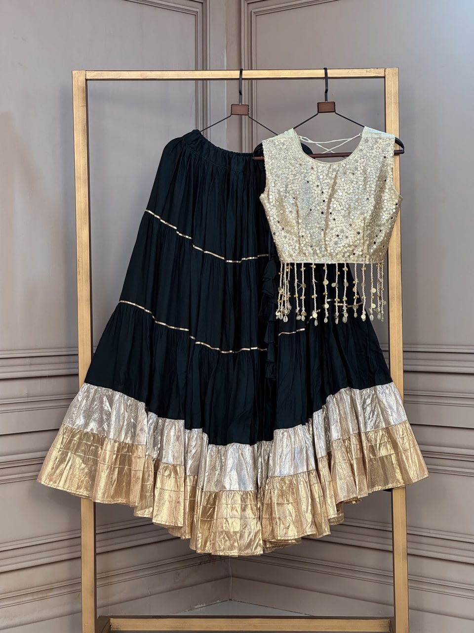 Rayon 12 Meter Layered Lehenga with Gold Organza Mirror Work Blouse