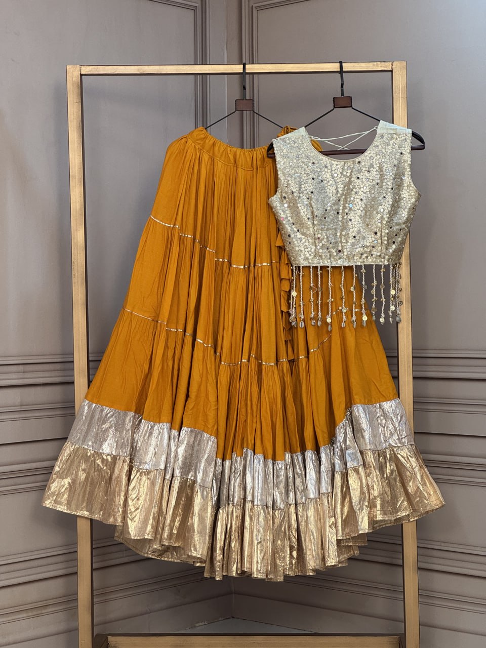 Rayon 12 Meter Layered Lehenga with Gold Organza Mirror Work Blouse