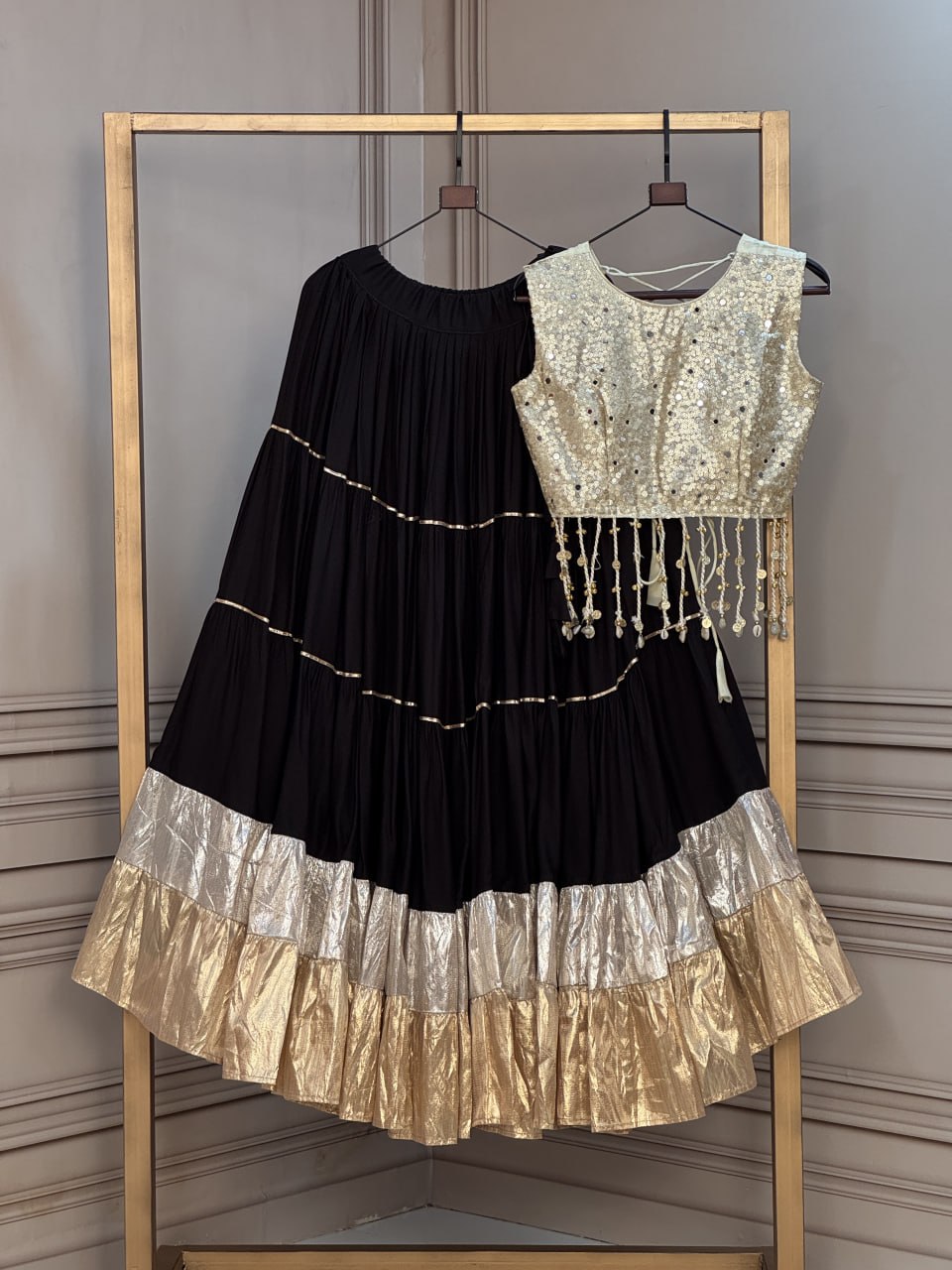 Rayon 12 Meter Layered Lehenga with Gold Organza Mirror Work Blouse