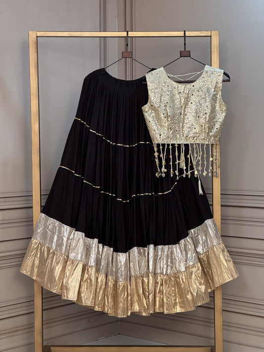 Rayon 12 Meter Layered Lehenga with Gold Organza Mirror Work Blouse