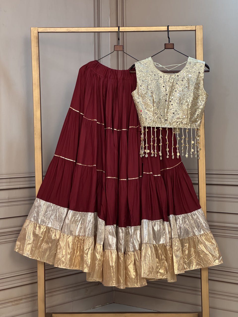 Rayon 12 Meter Layered Lehenga with Gold Organza Mirror Work Blouse