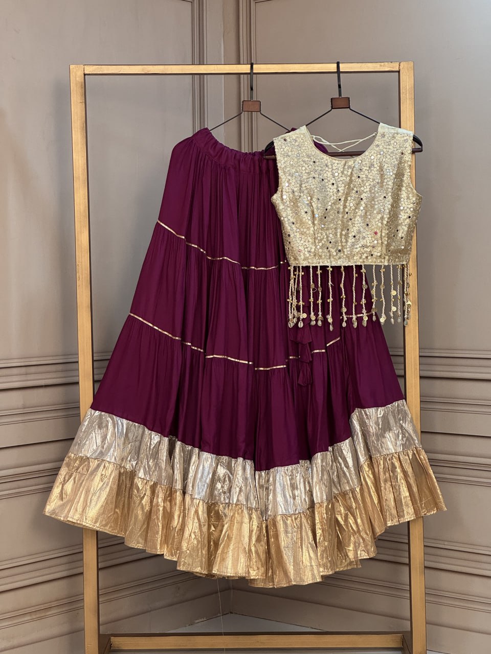 Rayon 12 Meter Layered Lehenga with Gold Organza Mirror Work Blouse