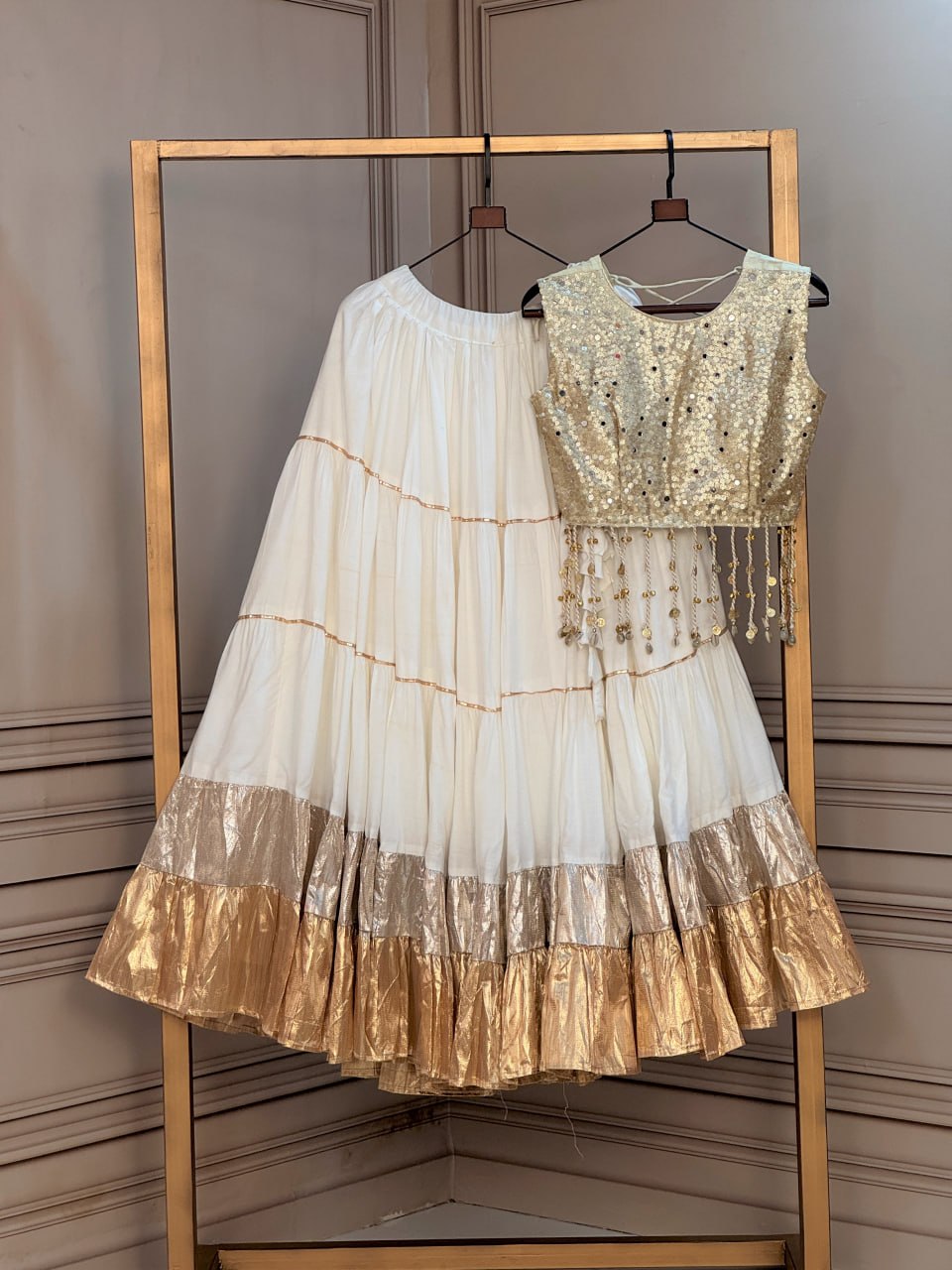 Rayon 12 Meter Layered Lehenga with Gold Organza Mirror Work Blouse