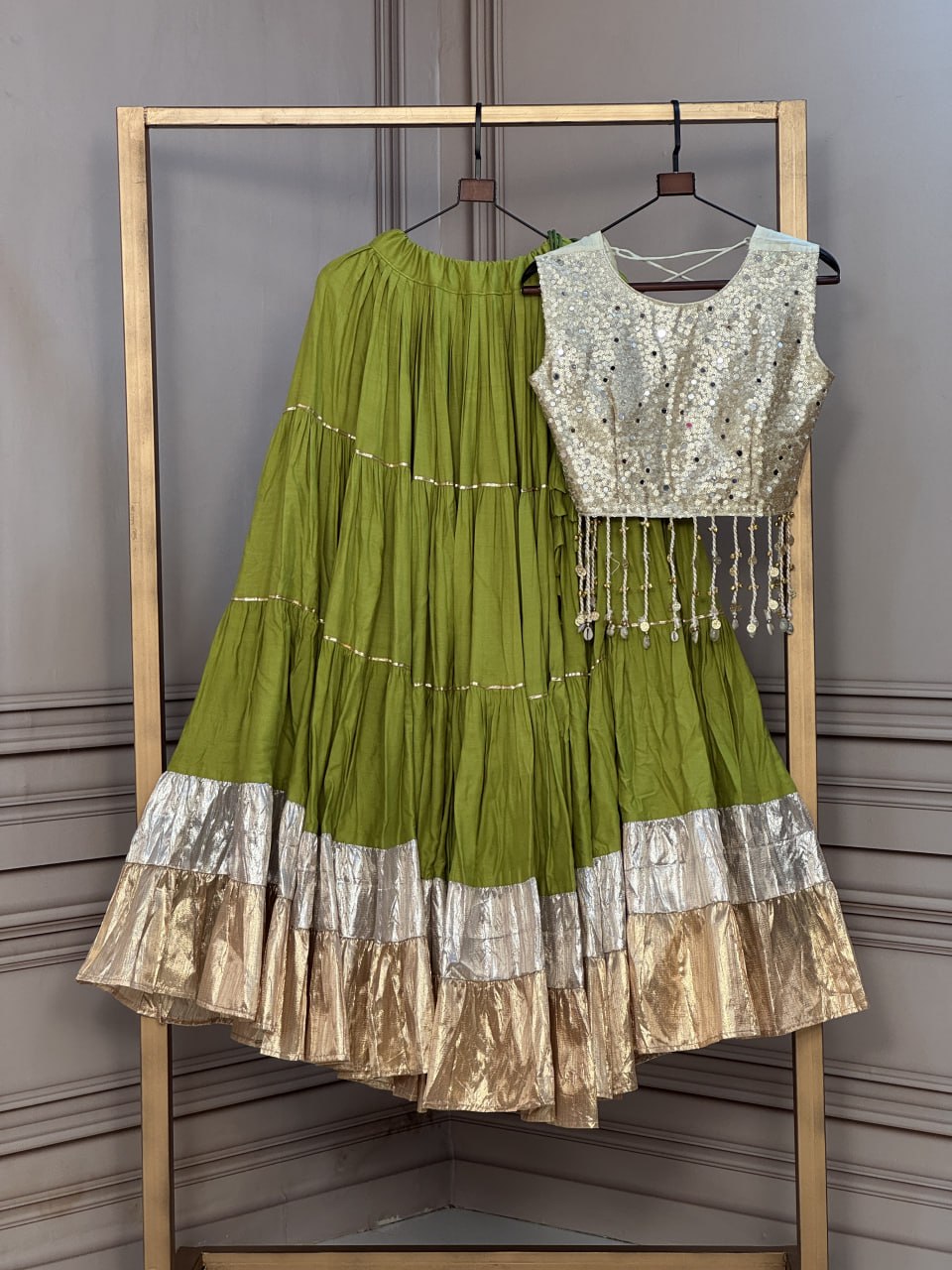 Rayon 12 Meter Layered Lehenga with Gold Organza Mirror Work Blouse