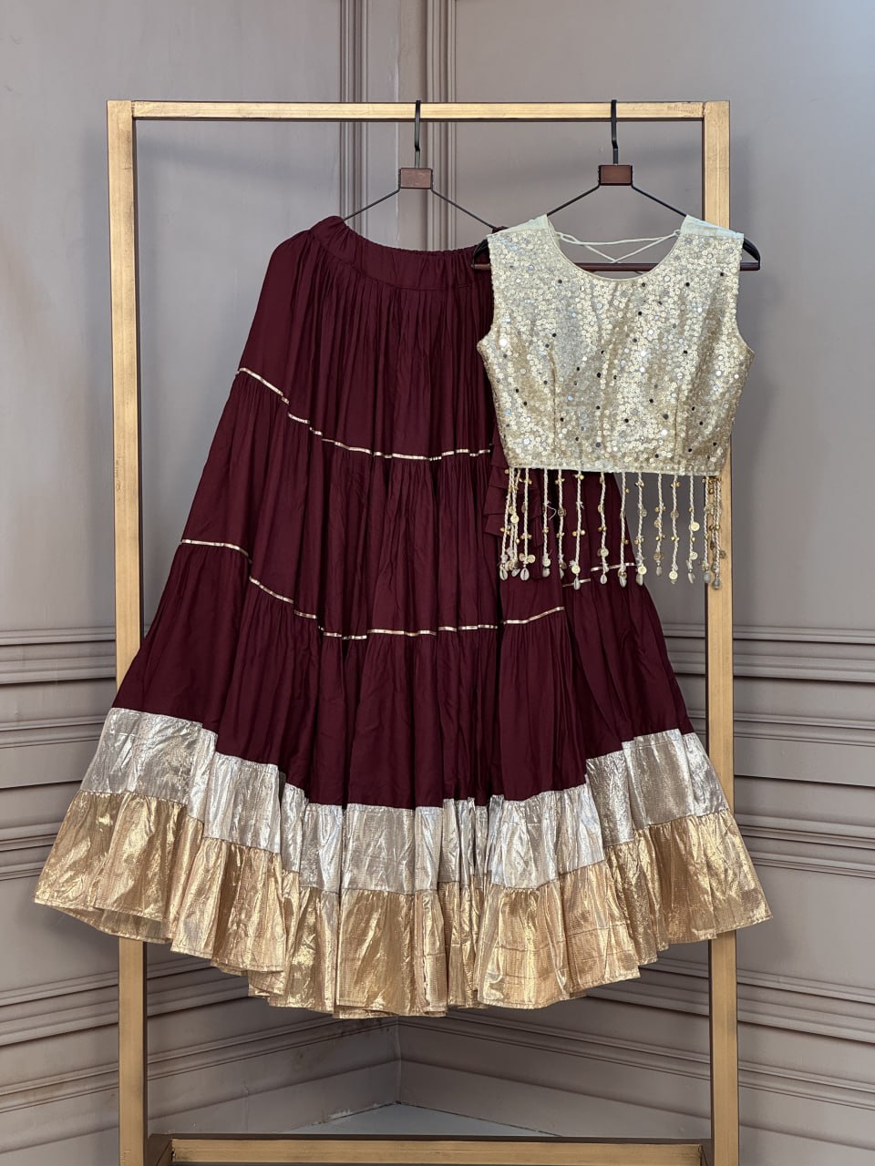 Rayon 12 Meter Layered Lehenga with Gold Organza Mirror Work Blouse