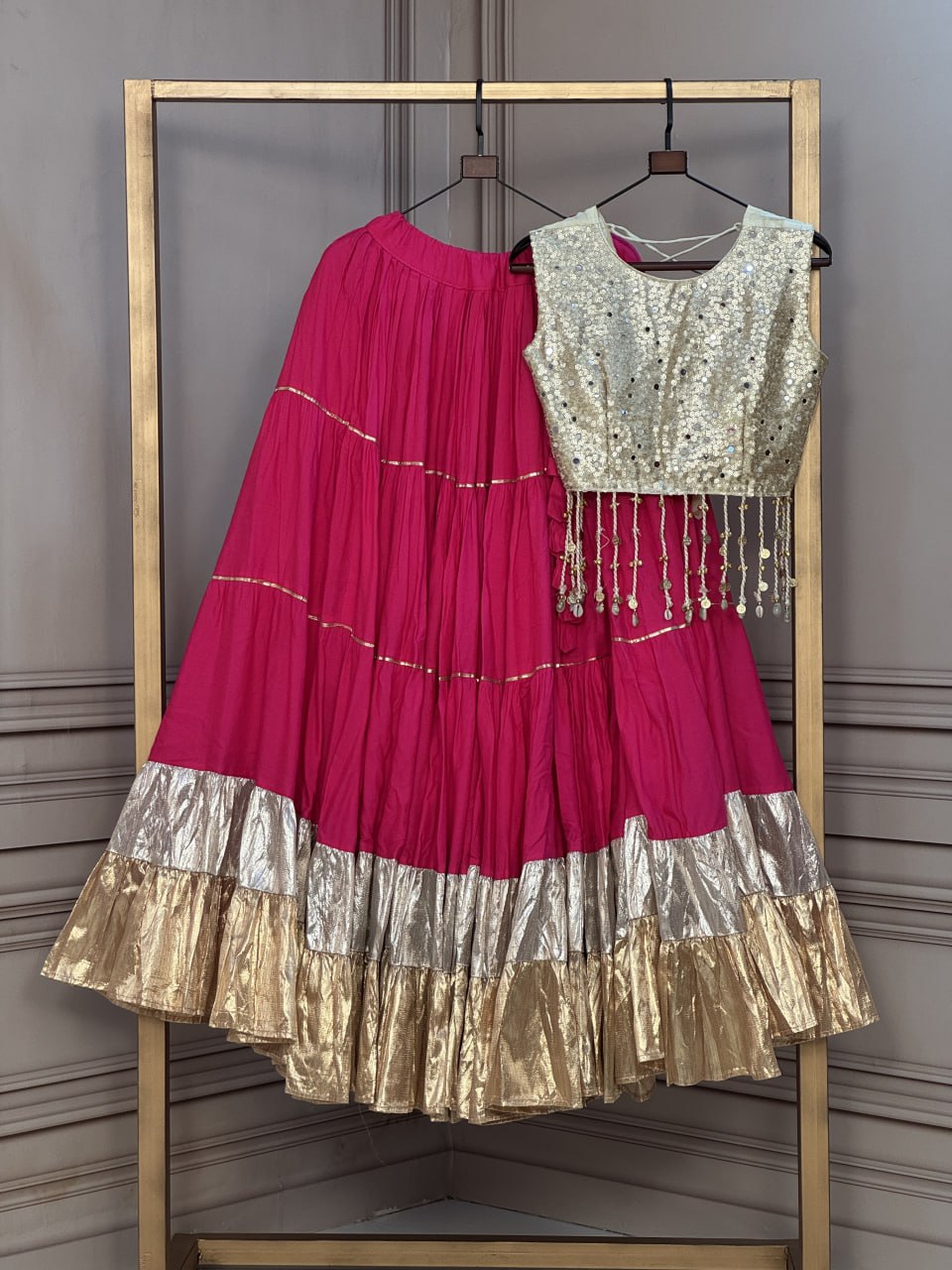 Rayon 12 Meter Layered Lehenga with Gold Organza Mirror Work Blouse