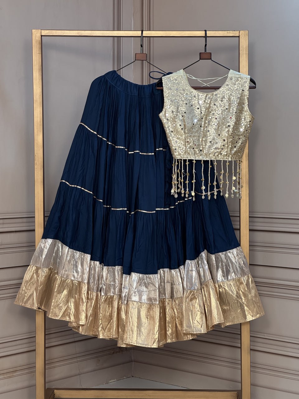 Rayon 12 Meter Layered Lehenga with Gold Organza Mirror Work Blouse