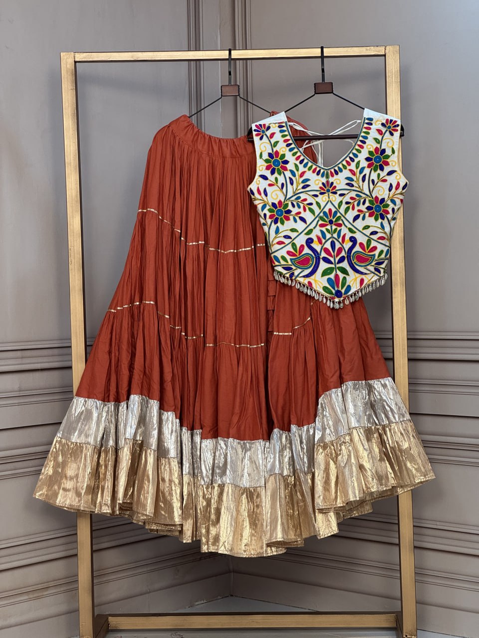 Rayon 12 Meter Layered Lehenga with with Kutchi Work Blouse