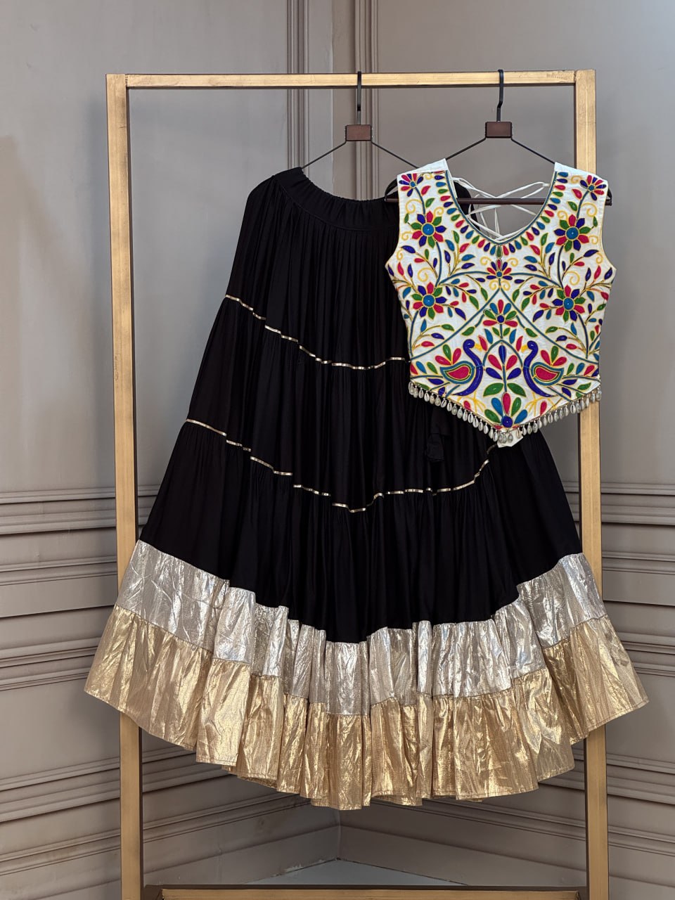 Rayon 12 Meter Layered Lehenga with with Kutchi Work Blouse