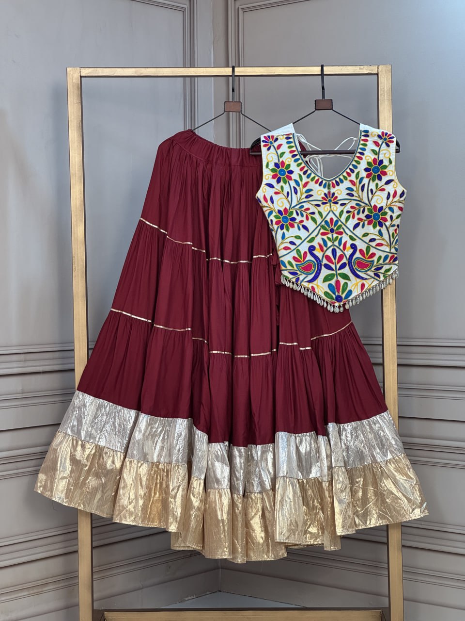 Rayon 12 Meter Layered Lehenga with with Kutchi Work Blouse