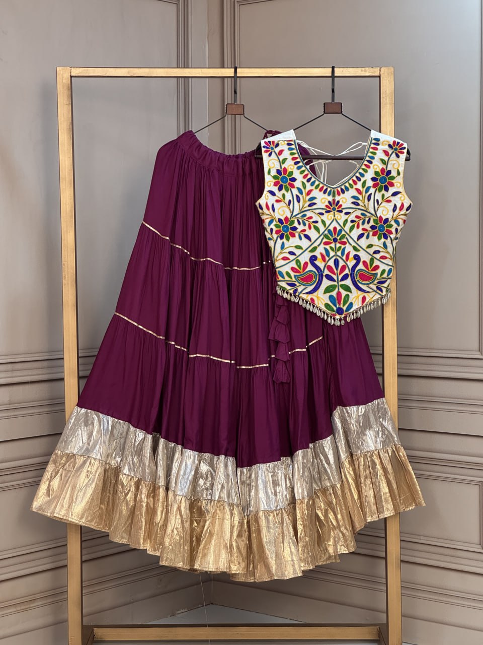 Rayon 12 Meter Layered Lehenga with with Kutchi Work Blouse