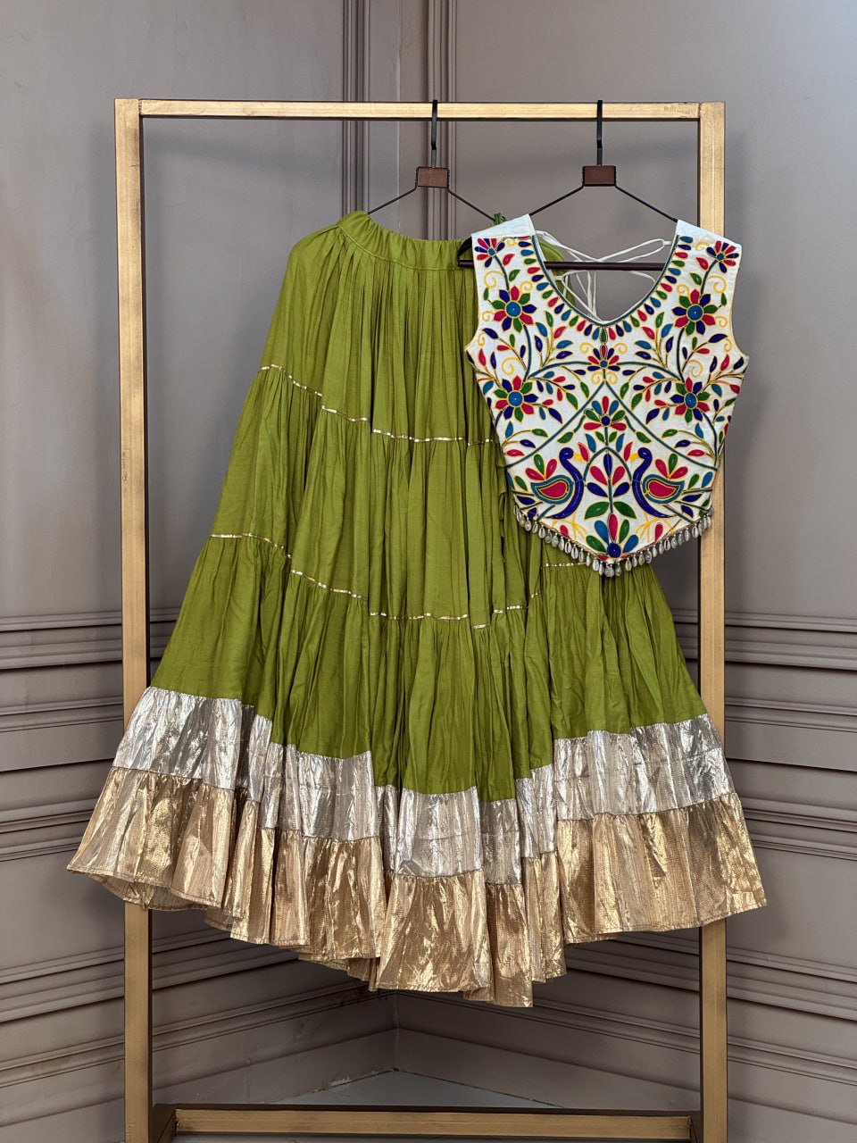 Rayon 12 Meter Layered Lehenga with with Kutchi Work Blouse