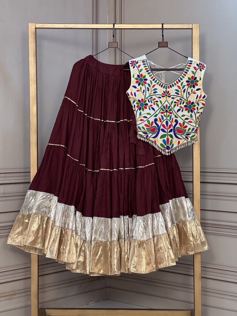 Rayon 12 Meter Layered Lehenga with with Kutchi Work Blouse