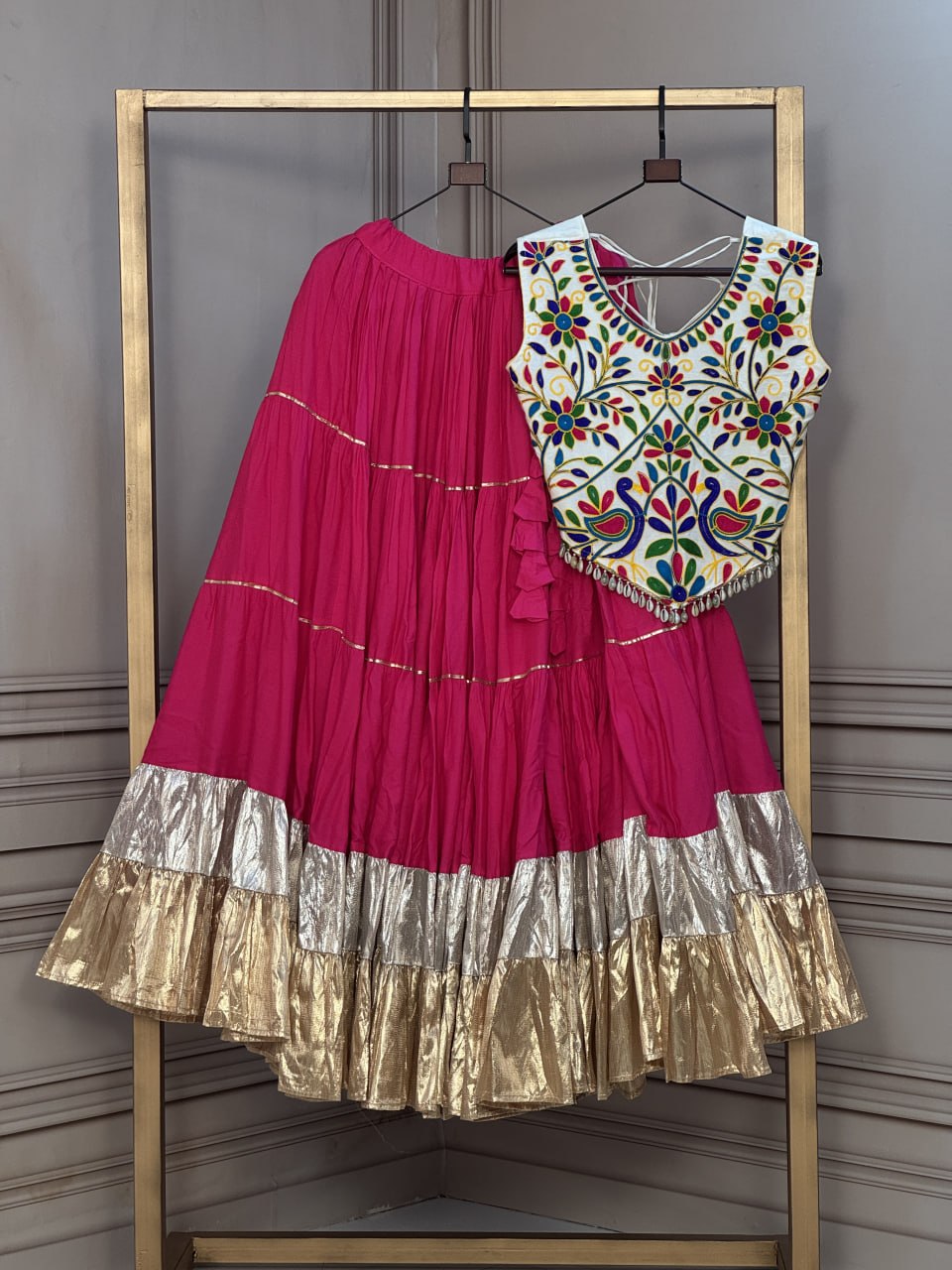 Rayon 12 Meter Layered Lehenga with with Kutchi Work Blouse