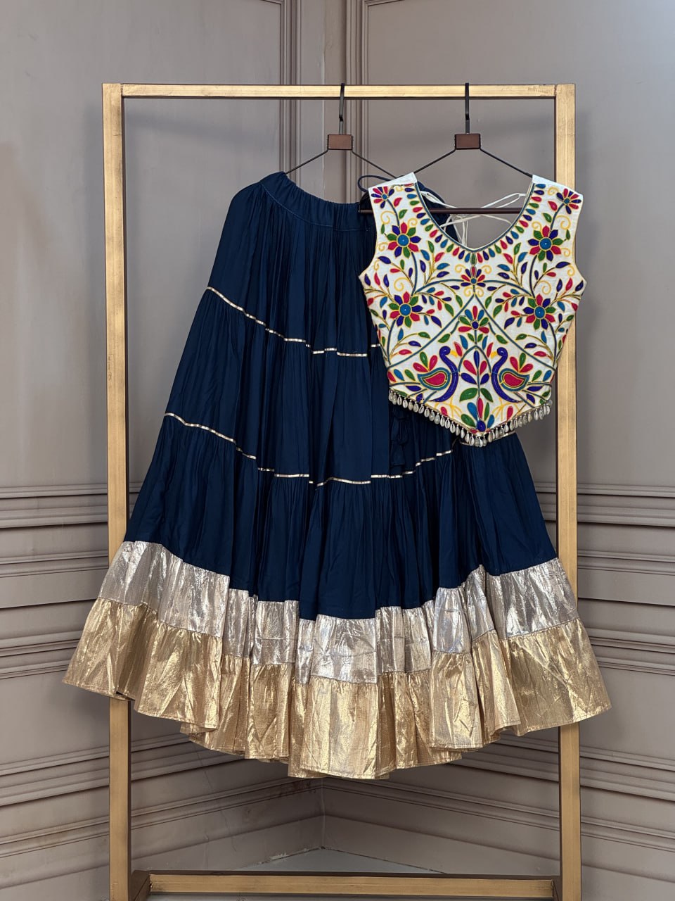 Rayon 12 Meter Layered Lehenga with with Kutchi Work Blouse