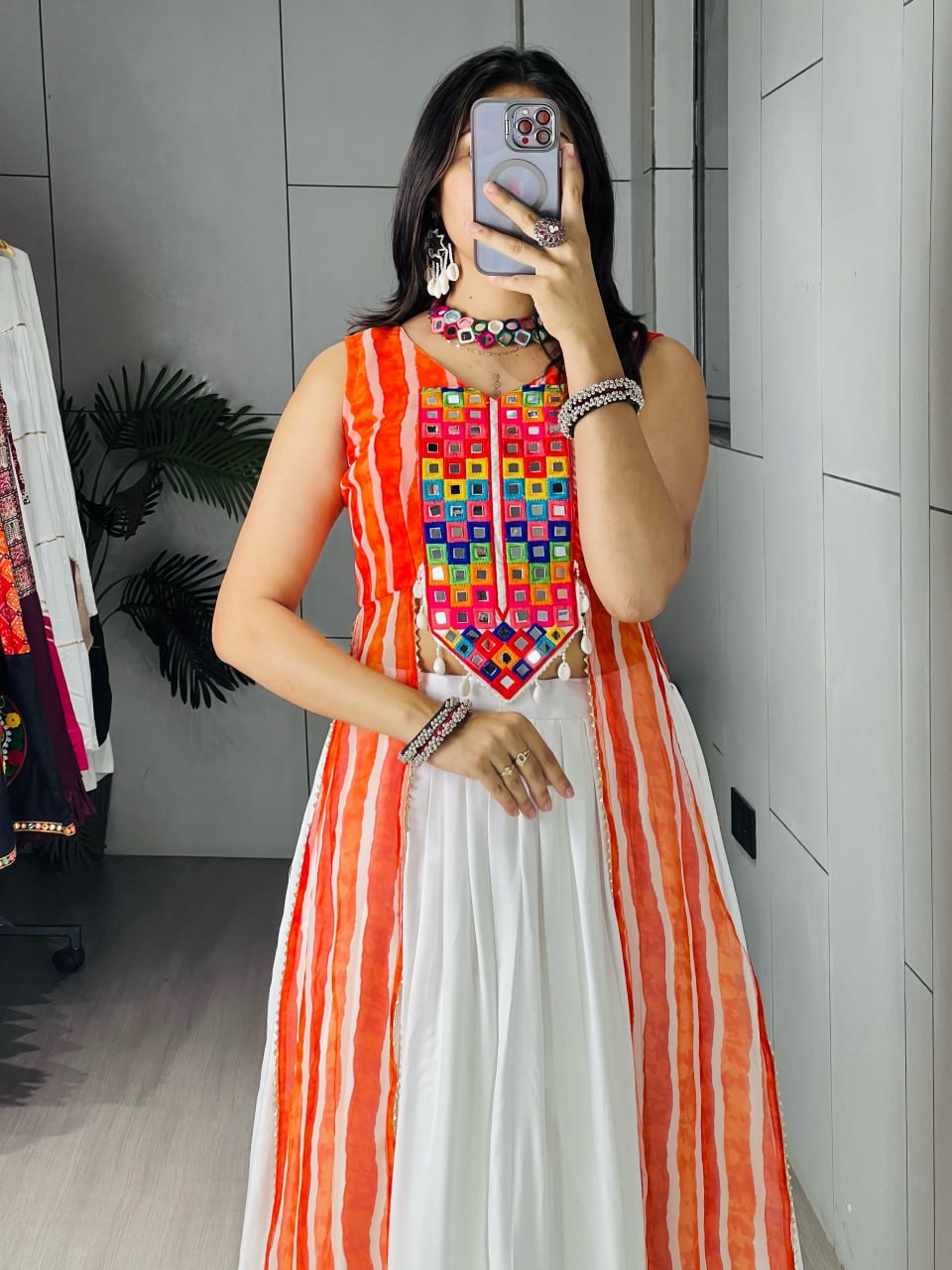 Designer White Lehenga with Orange Leheriya Kurti & Gota Patti Work