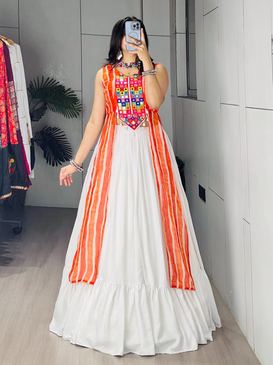 Designer White Lehenga with Orange Leheriya Kurti & Gota Patti Work