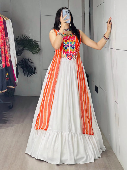 Designer White Lehenga with Orange Leheriya Kurti & Gota Patti Work