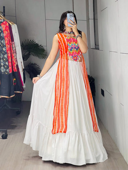 Designer White Lehenga with Orange Leheriya Kurti & Gota Patti Work