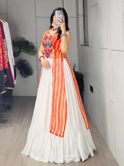 Designer White Lehenga with Orange Leheriya Kurti & Gota Patti Work