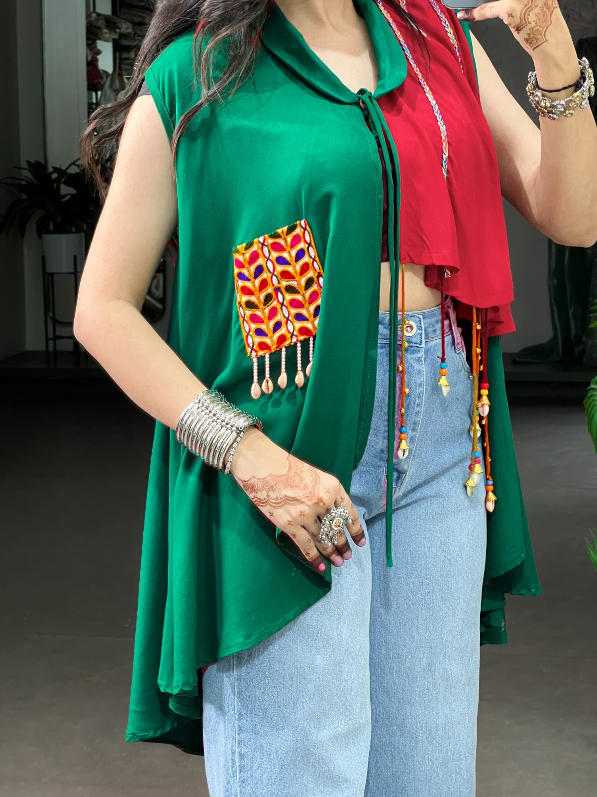 Rayon Gamthi Work Garba Long Shrug with Handmade Tassel Detailing
