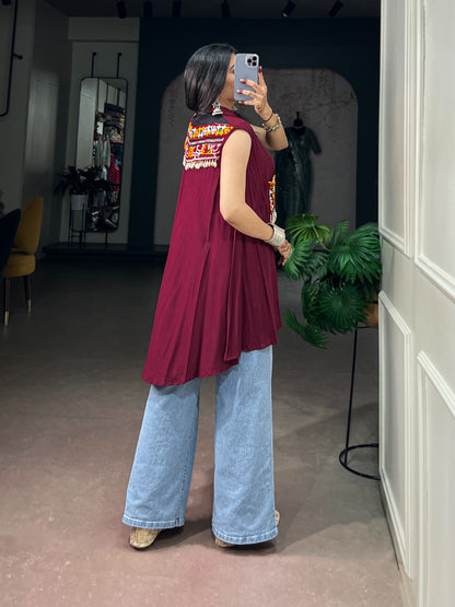 Rayon Gamthi Work Garba Long Shrug with Handmade Tassel Detailing