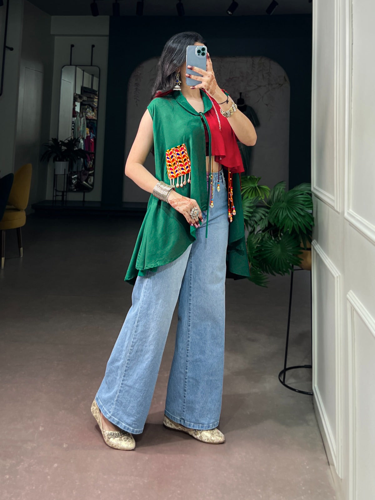 Rayon Gamthi Work Garba Long Shrug with Handmade Tassel Detailing