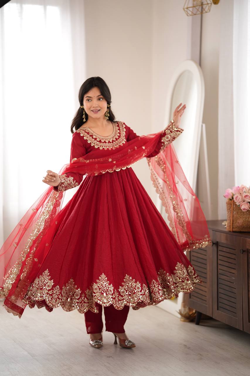 Red Anarkali Suit with Embroidery Sequins Work & Lace Border Dupatta