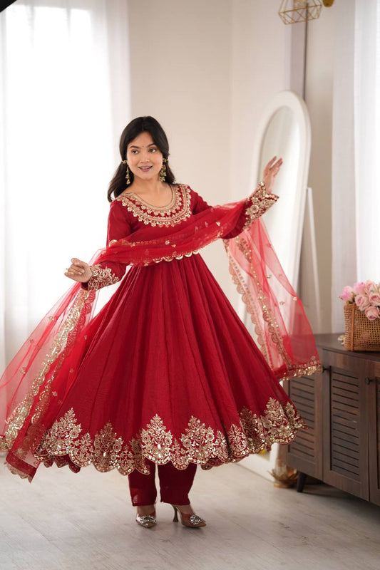 Red Anarkali Suit with Embroidery Sequins Work & Lace Border Dupatta
