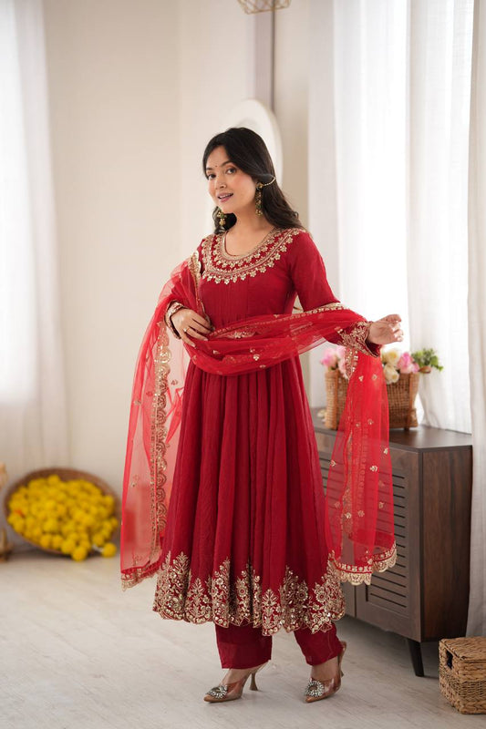 Red Anarkali Suit with Embroidery Sequins Work & Lace Border Dupatta
