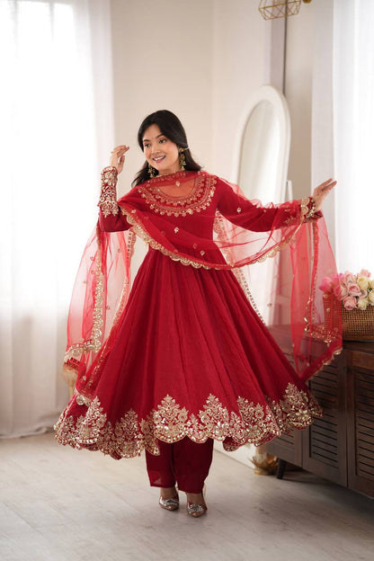 Red Anarkali Suit with Embroidery Sequins Work & Lace Border Dupatta