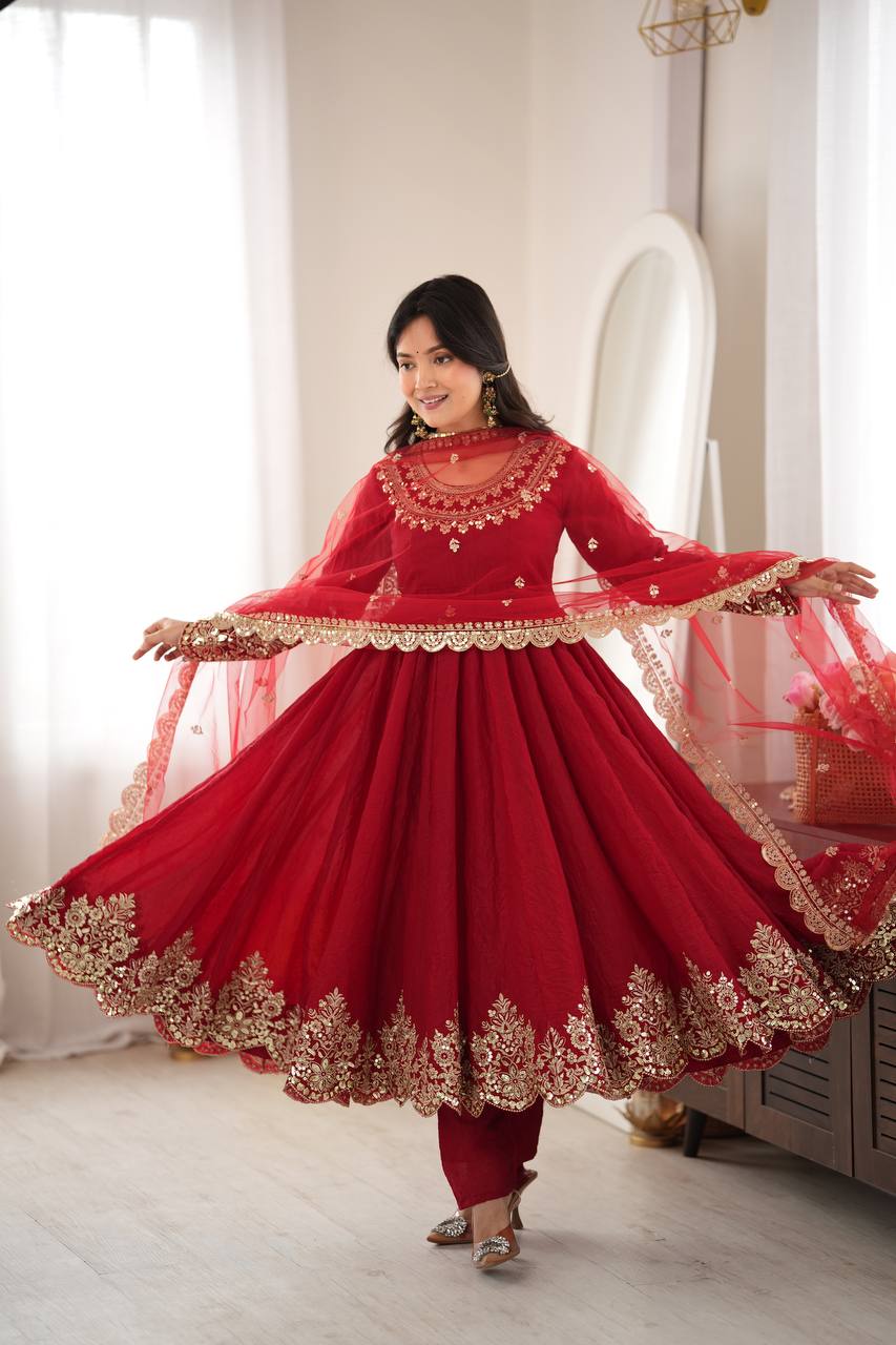 Red Anarkali Suit with Embroidery Sequins Work & Lace Border Dupatta