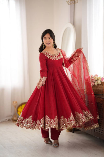 Red Anarkali Suit with Embroidery Sequins Work & Lace Border Dupatta