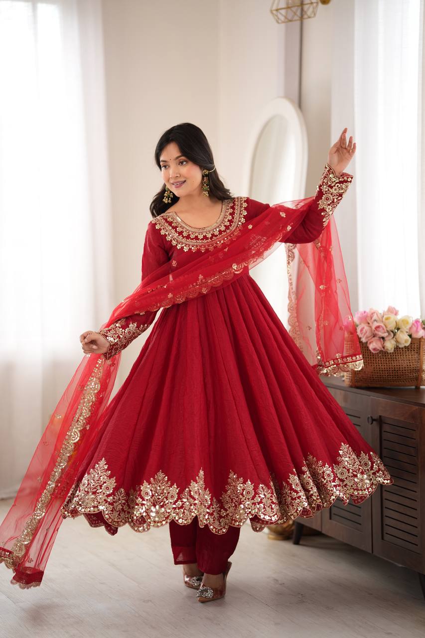 Red Anarkali Suit with Embroidery Sequins Work & Lace Border Dupatta
