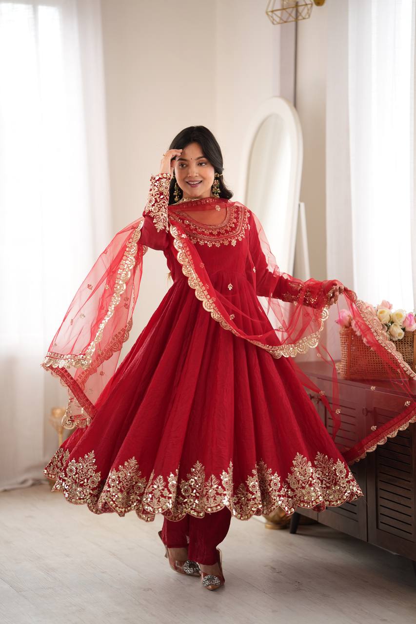 Red Anarkali Suit with Embroidery Sequins Work & Lace Border Dupatta