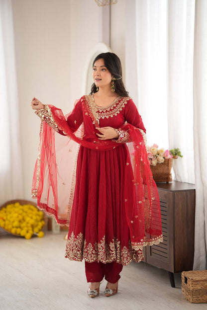 Red Anarkali Suit with Embroidery Sequins Work & Lace Border Dupatta