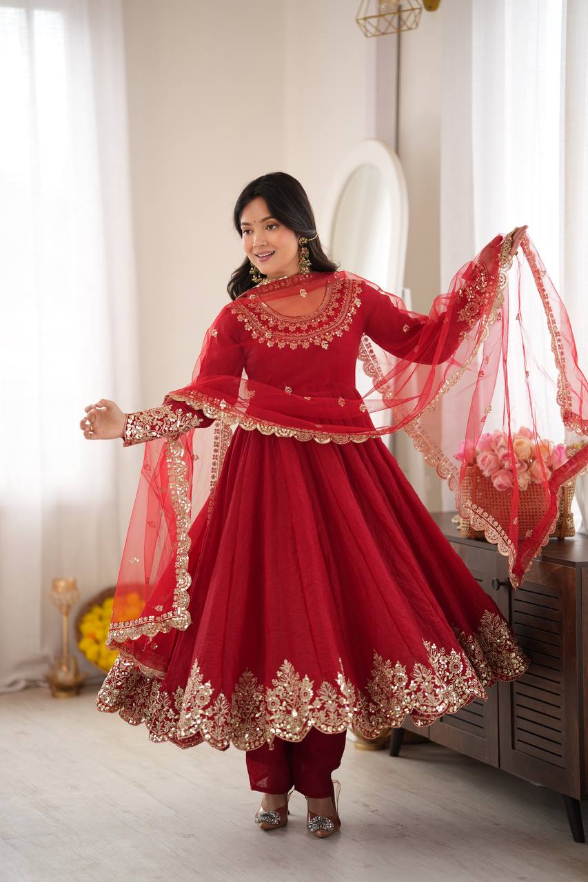 Red Anarkali Suit with Embroidery Sequins Work & Lace Border Dupatta