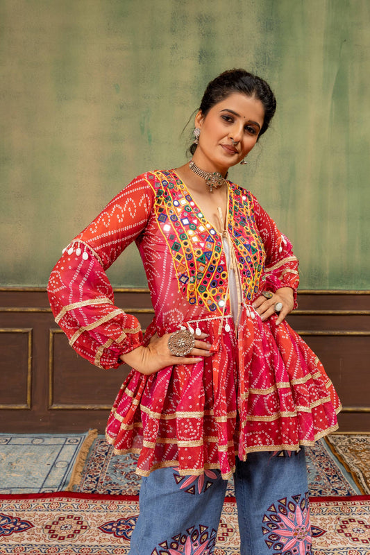 Red Bandhani Print Kutchi Patchwork Shrug with Embroidered Mirror Work Jeans
