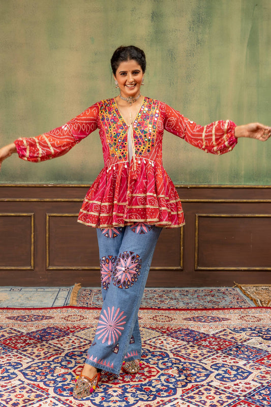 Red Bandhani Print Kutchi Patchwork Shrug with Embroidered Mirror Work Jeans