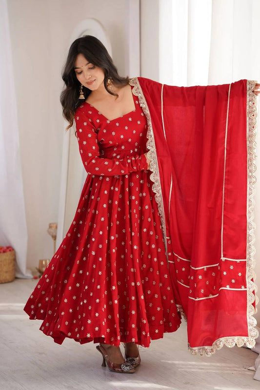 Red Embroidered Chinon Silk Anarkali Dress with Dupatta